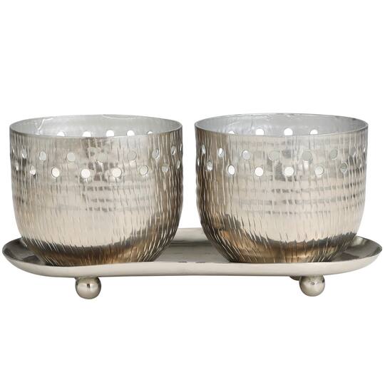 White Wax Vanilla Marshmallow Scented Candle Set with Cutout Spotted Silver Container and Oval Holding Tray